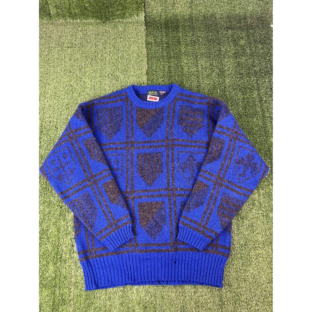 Byford Vintage Mens Blue Shetland Wool Crest Shield Intarsia Sweater Large UK